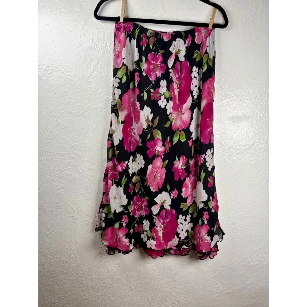 Black Floral Midi Skirt Women's Sz PM Flowy Ruffle Hem Boho Cottage Prairie - Picture 3 of 14